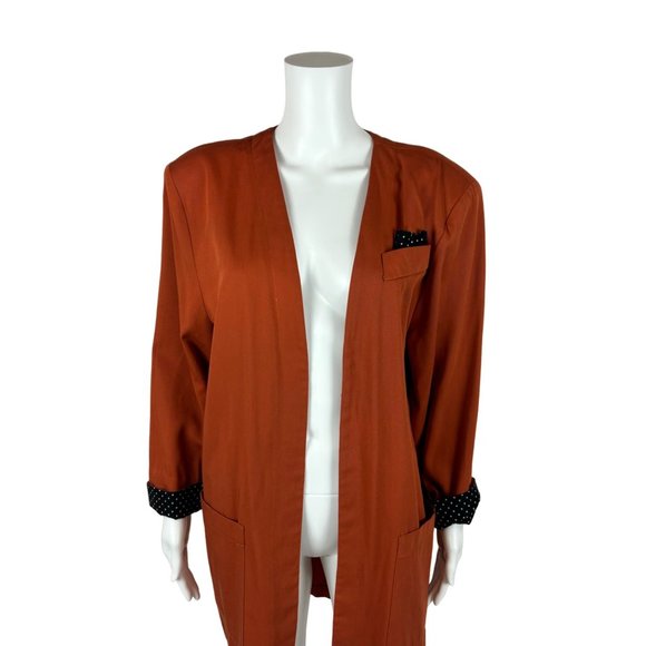 Vintage 90s Open Blazer Women's Large Burnt Orange Black Polka Dots Suit Jacket - Picture 2 of 10